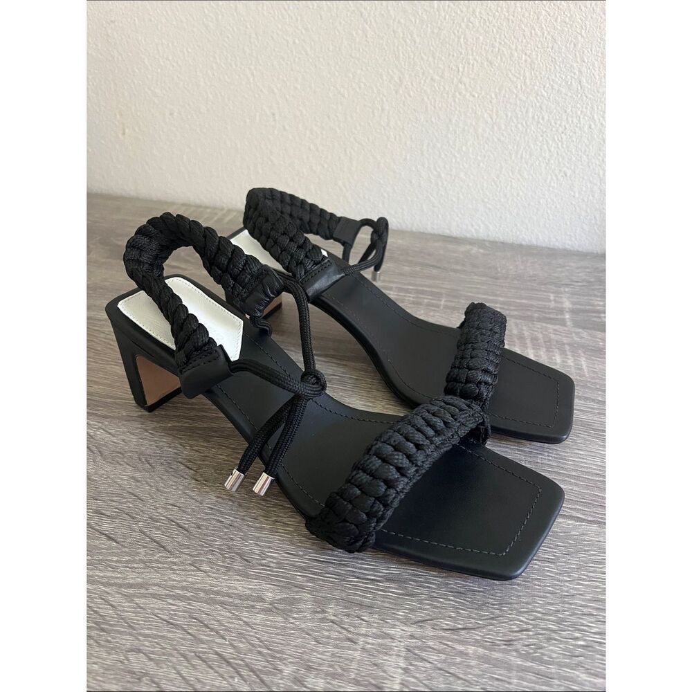 New Schutz Blair Black Rope Ankle Strap Square Toe Block Heels Sandals, US 8B
